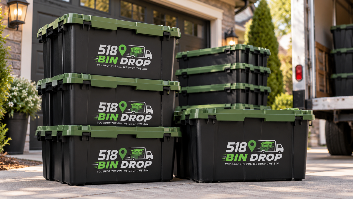 Mini Drop 10-bin rental with 518 Bin Drop reusable black moving bins and military green lids.