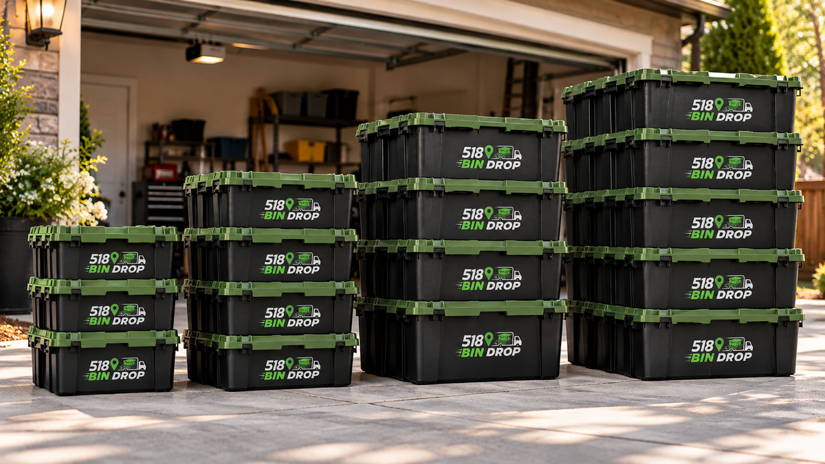 Big Move 60-bin rental with an expansive grouped stack of 518 Bin Drop reusable black moving bins and military green lids.