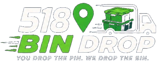 518 Bin Drop logo with green location pin, stacked bins and delivery truck